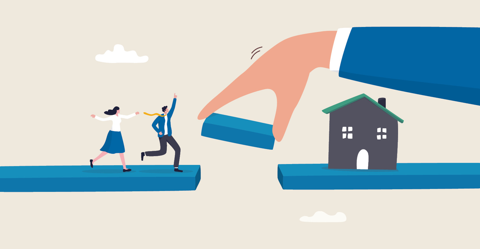 a cartoon of a couple attempt to cross a bridge to a house