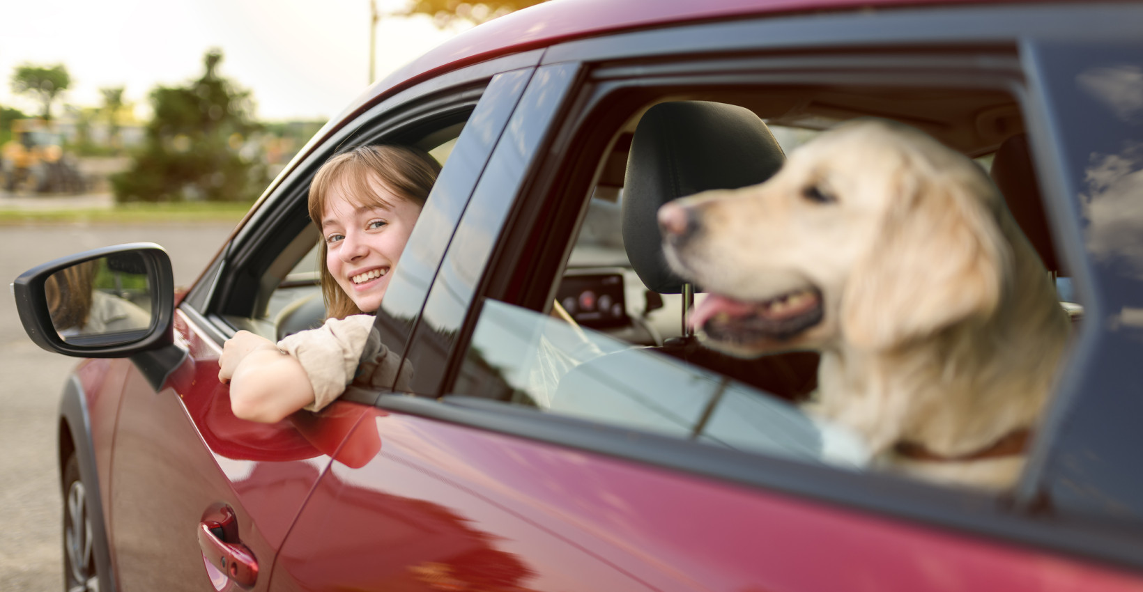 a woman drives her red car with a yellow dog hanging its head out the back window