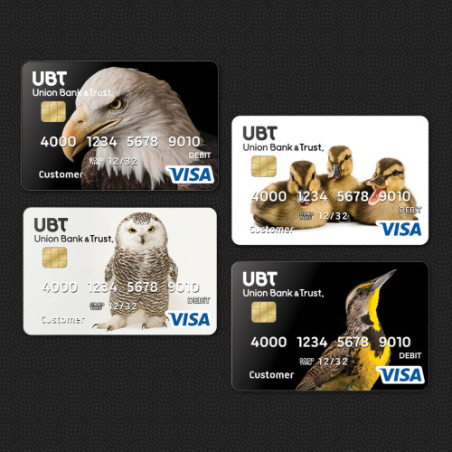 debit cards featuring joel santore photography. a bald eagle, 3 baby ducks, an owl, and a single duck