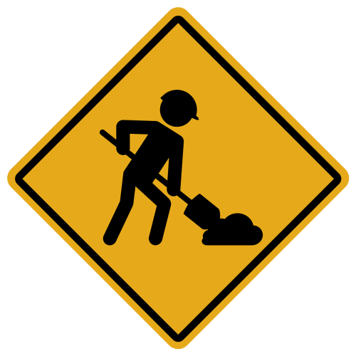 a yellow sign that has a cartoon person wearing a hard hat while shoveling