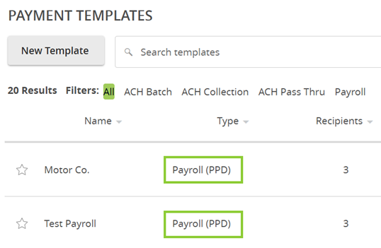 a screen shot of payment templates