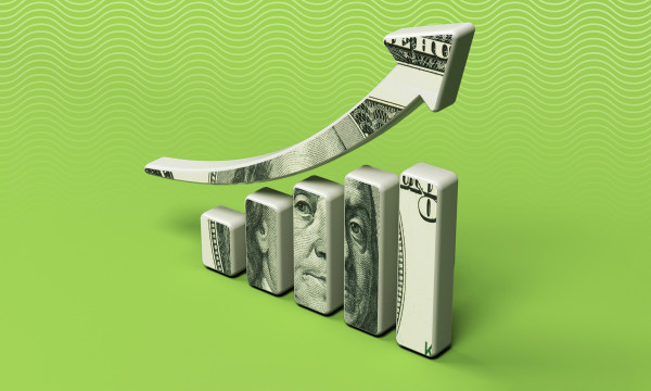 A bar chart made of cash going up.