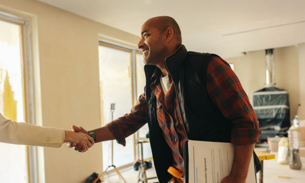 a man wearing a red flannel shirt shakes someone's hand